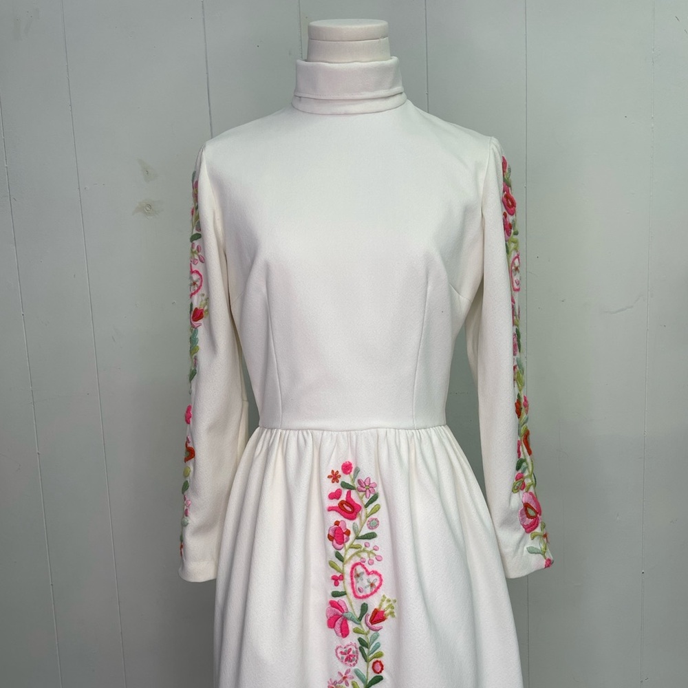 Vintage 1960’s Hand Embroidered Double Knit Poly Maxi Dress